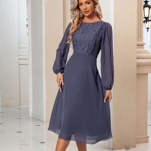 JJ's House Cascading Ruffles Scoop A line Chiffon Lace Midi Dress Medium NEW